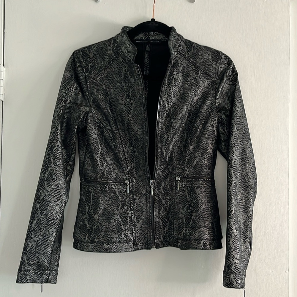 White House, black market, Foiled Denim Python-Print Peplum Jacket size XS